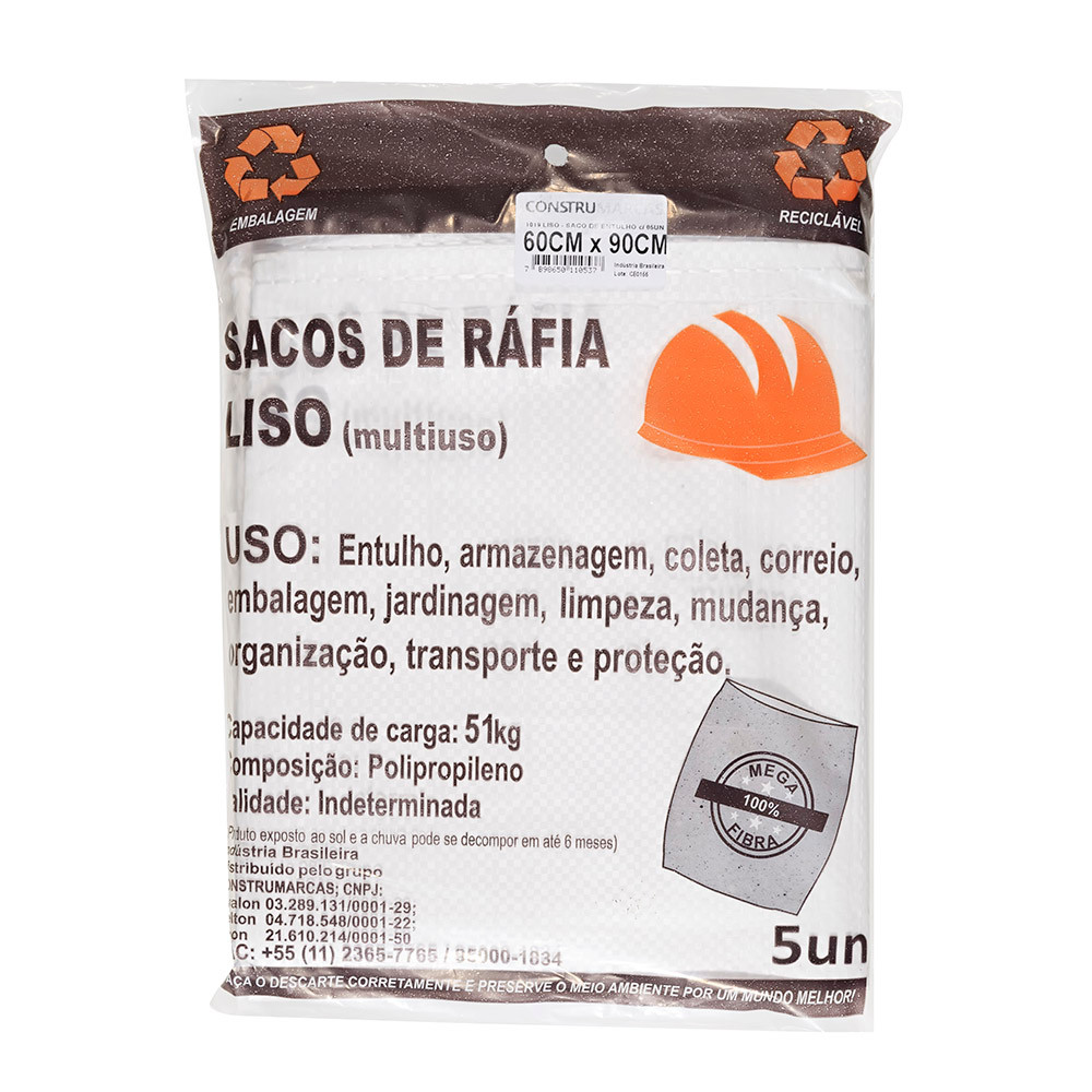 SACO DE RAFIA/ENTULHO LISO - 60X90CM - C/5UN - CONSTRUMARCAS