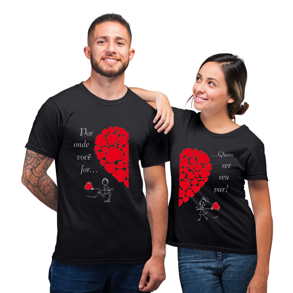 Kit 2 Camiseta Básica De Algodão Premium Casal Romântico Quero Ser Seu Par Envio Imediato