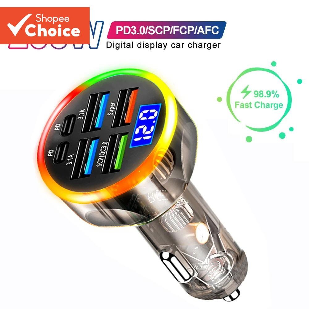 Carregador De Carro Cor Atmosfera Luz Transparente Habitação 4 USB 2 PD 12-24V Carregamento Rápido 97W