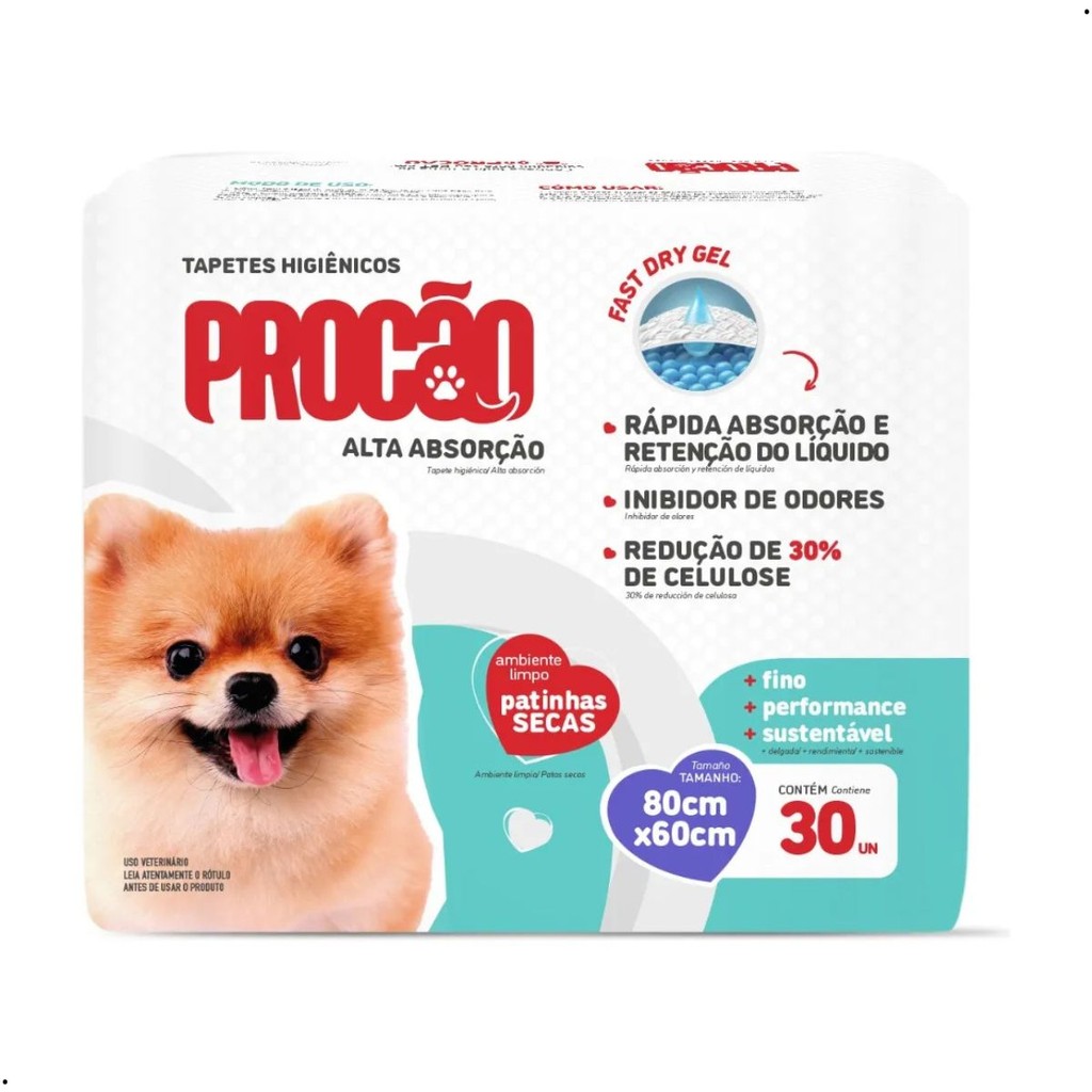 Tapete Higiênico 80x60 Procão 30 unidades Alta Absorção Adesivo descartável proteção piso Pet