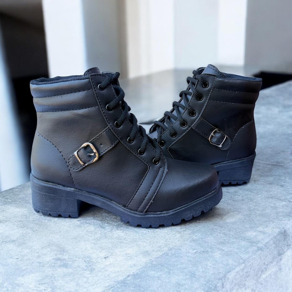 Coturno Feminino Bota Cano Médio Solado Tratorado Com Cadarço Moderno e Casual