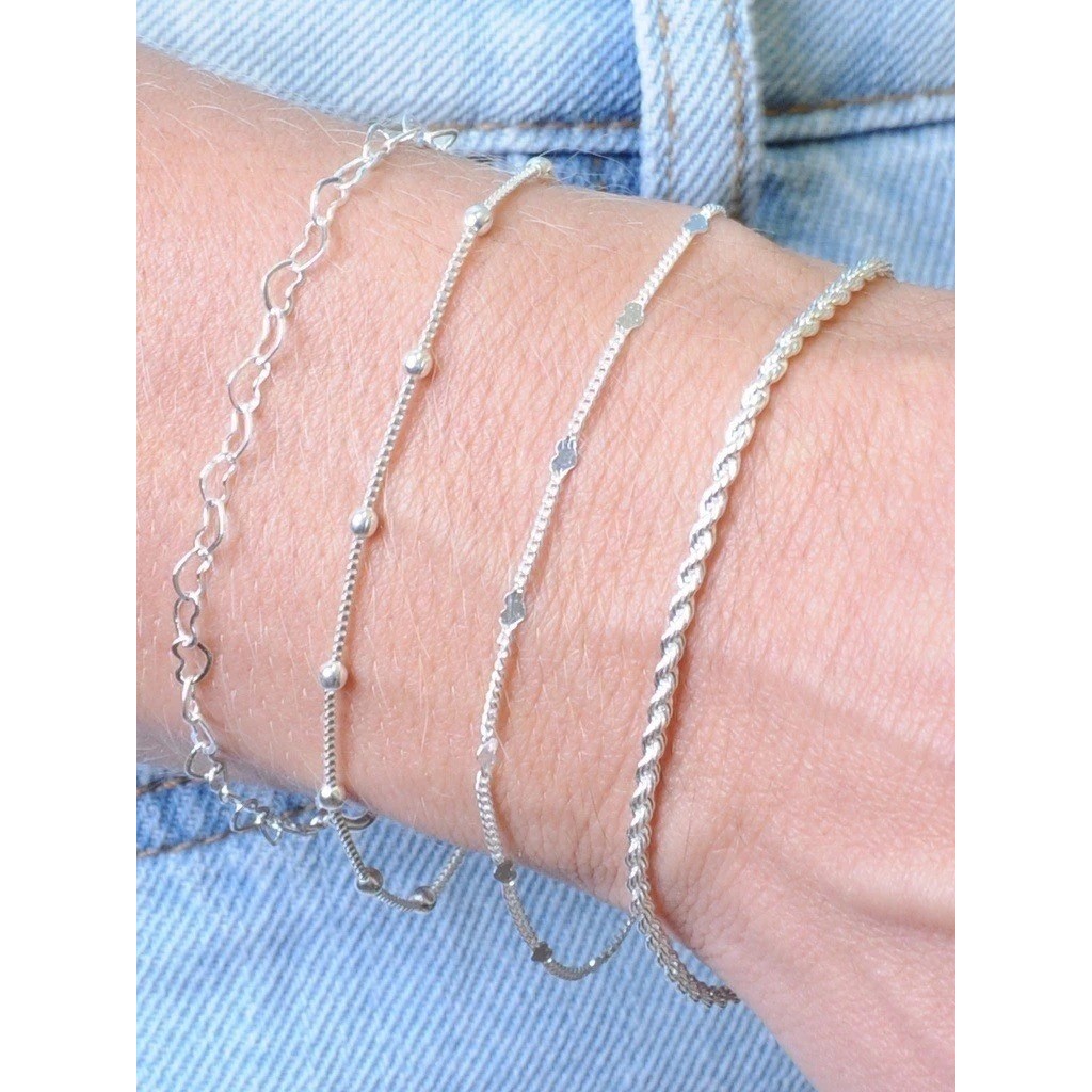 kit 4 pulseiras prata 925 + BRlNCO BRINDE cordão+veneziana com bolinhas + elo e detalhe coração