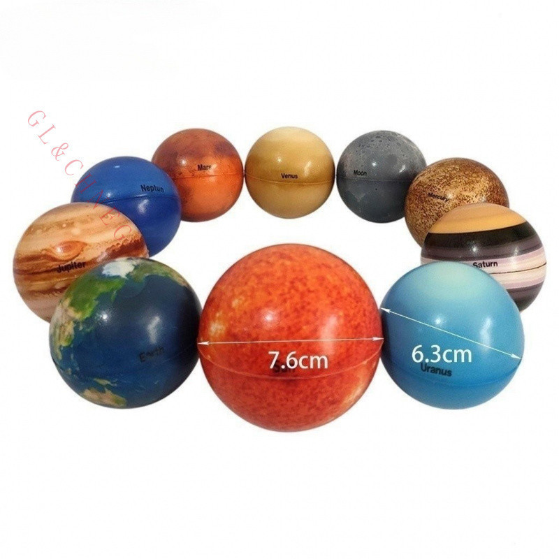 Um conjunto de 10 sistemas de energia solar em forma de planeta, com 6,3 cm de tamanho. JKNV.
