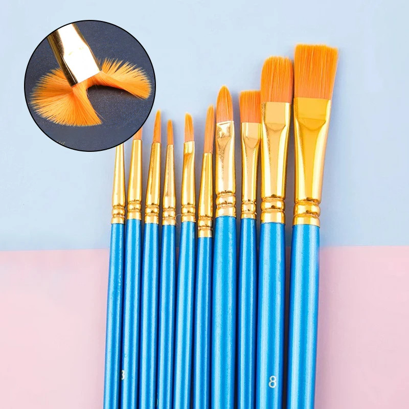 Kit 10 Pincel De Pintura Ponta Fina Redonda Chata Artesanato Tinta Acrílica Guache Aquarela Óleo Arte Tecido Infantil