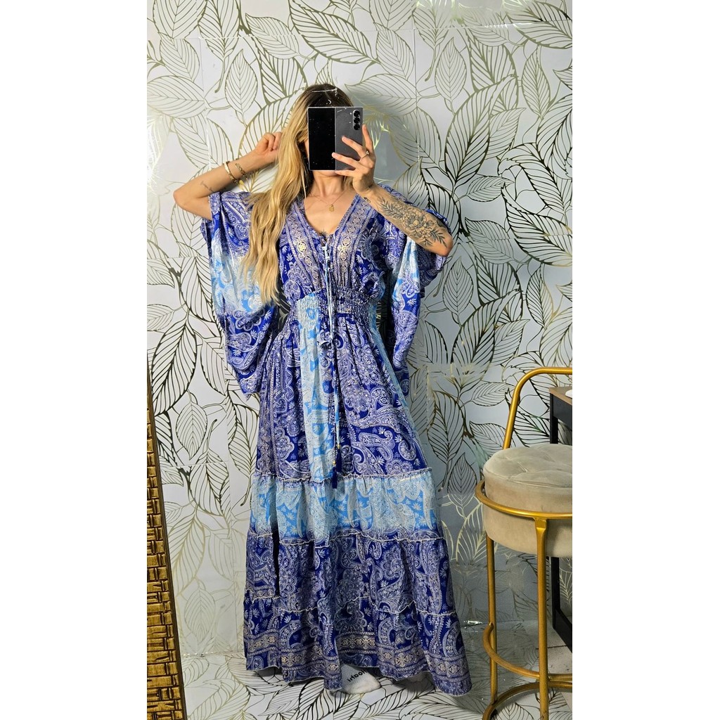 Vestido longo elegante BOHO SEDA estampado com manga morcego, casamento, festa, lazer.