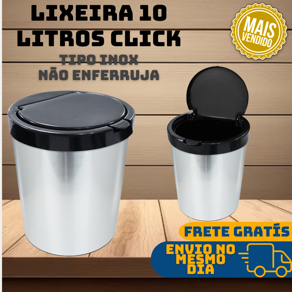 Lixeira Cesto de Lixo 10 Litros Inox Automática Tampa Click Para Banheiro Cozinha Escritório Quarto
