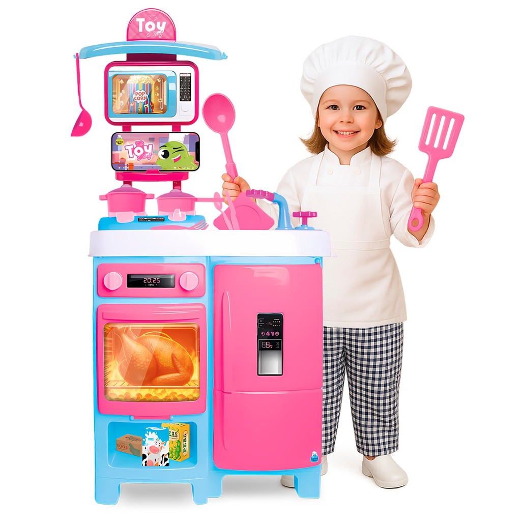Bancada Completa Samba Menina Toy Chef Infantil Com Geladeira Micro-ondas Sai Água E Suporte Celular