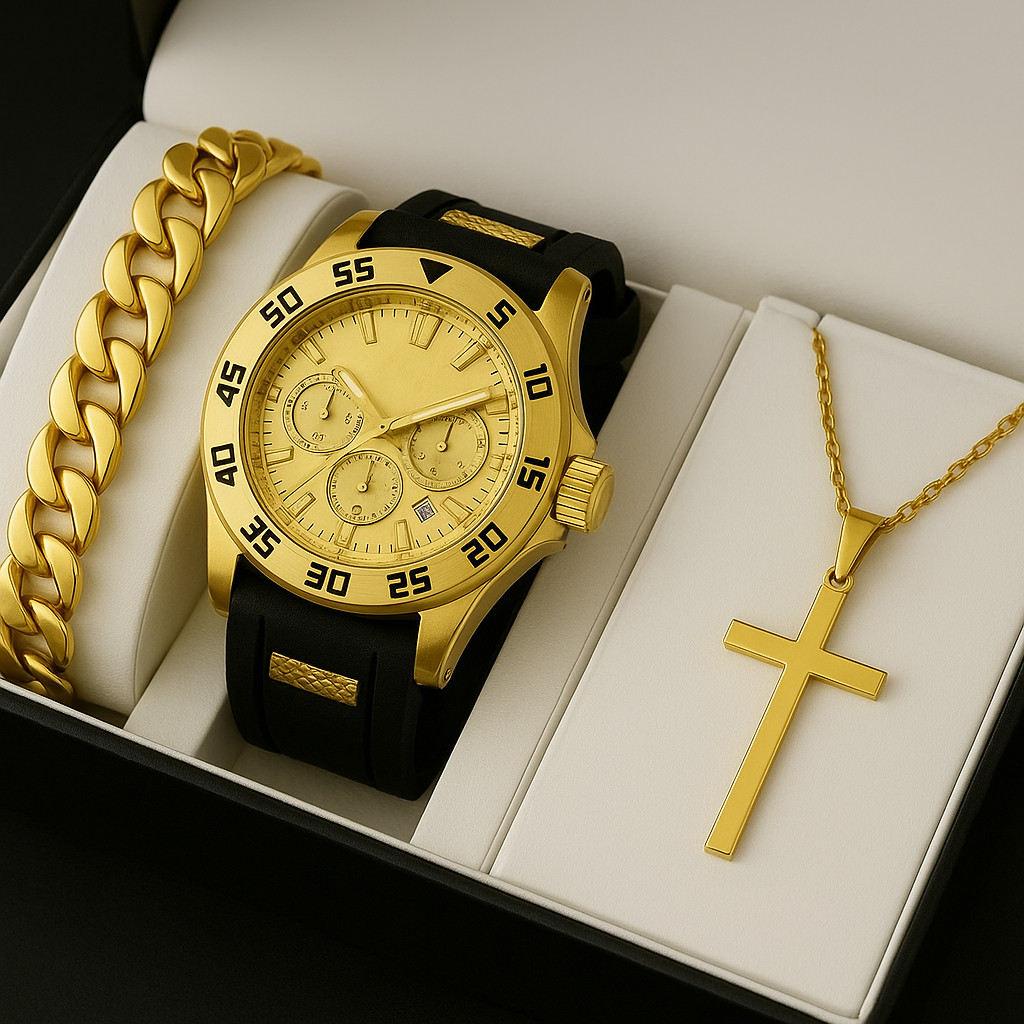 Kit Relógio Masculino Original A Prova D' Água Banhado a Ouro 18k Presente Para Pai Namorado