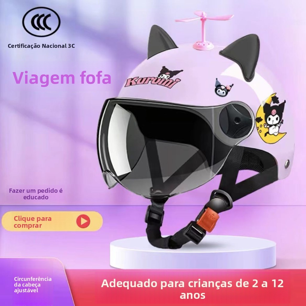 Capacete Infantil Kuromi – Meio Capa Criativa com Proteção Solar e Design Fofo para Meninas