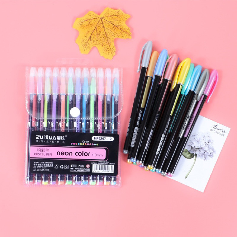 Kit com 12 Cores Caneta 1.00 mm Gel ColorGel Tinta Glitter Pastel Neon Metal Escolar