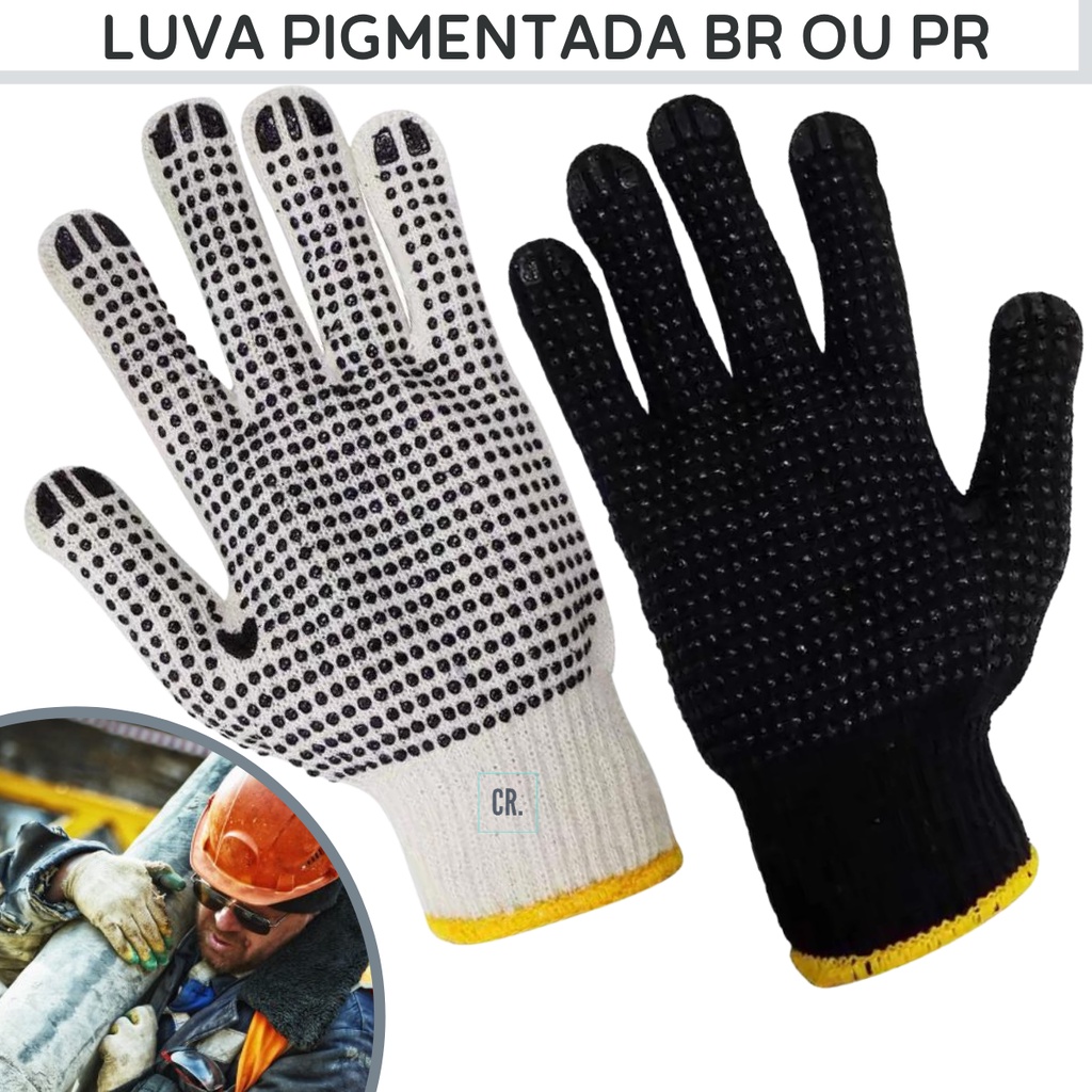 Luva Pigmentada de Malha Tricotada de Algodão Branca ou Preta Obras Construção Mecânica Jardinagem.