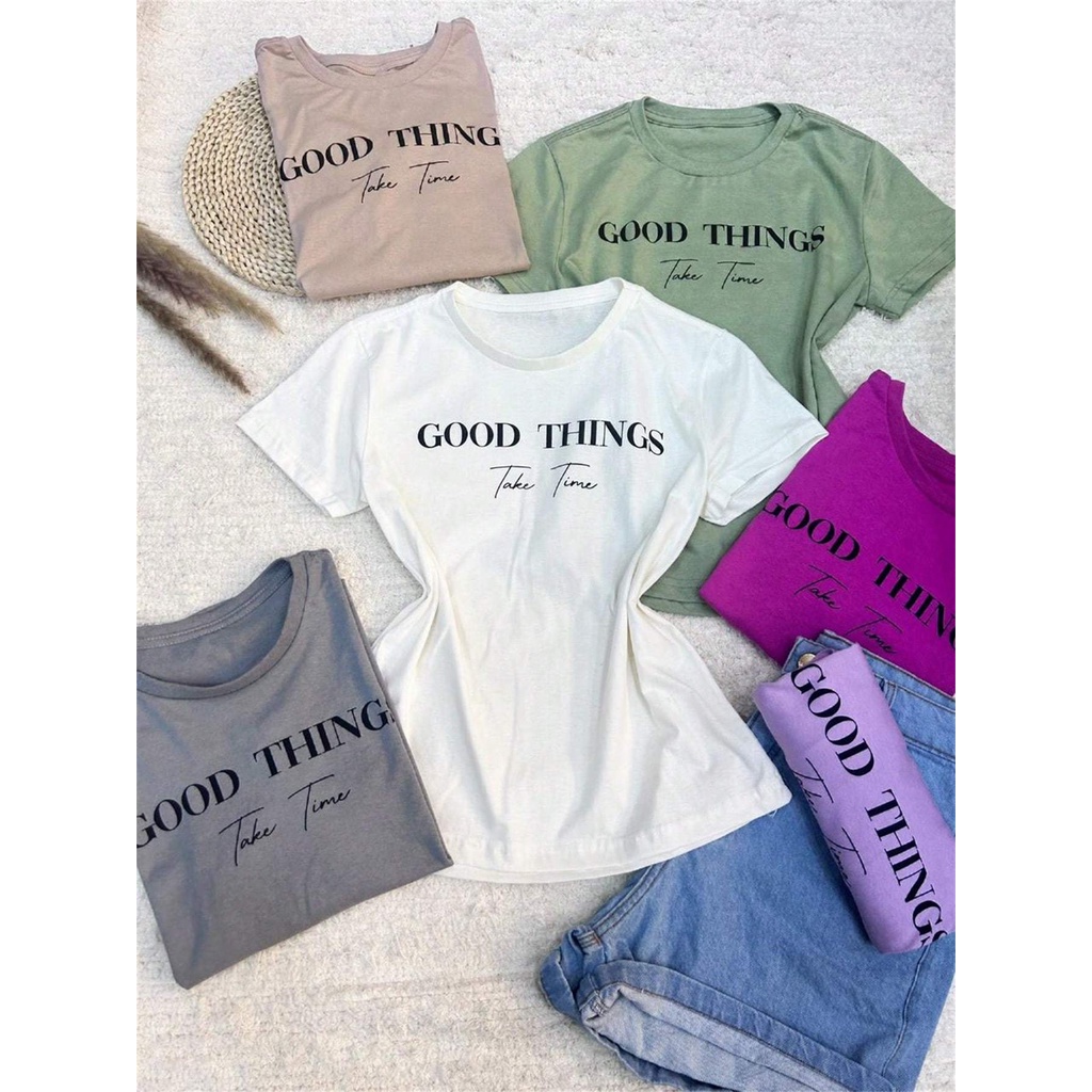 Verão feminino  carta T- shirt gola redonda manga curta puro algodão Cores Vibrantes, Letra GOOD THINGS