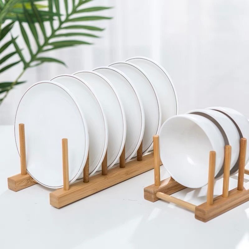 Promoção: Suporte Escorredor Porta Pratos De Bancada De Bambu 4 Divisorias 21cm x 13cm