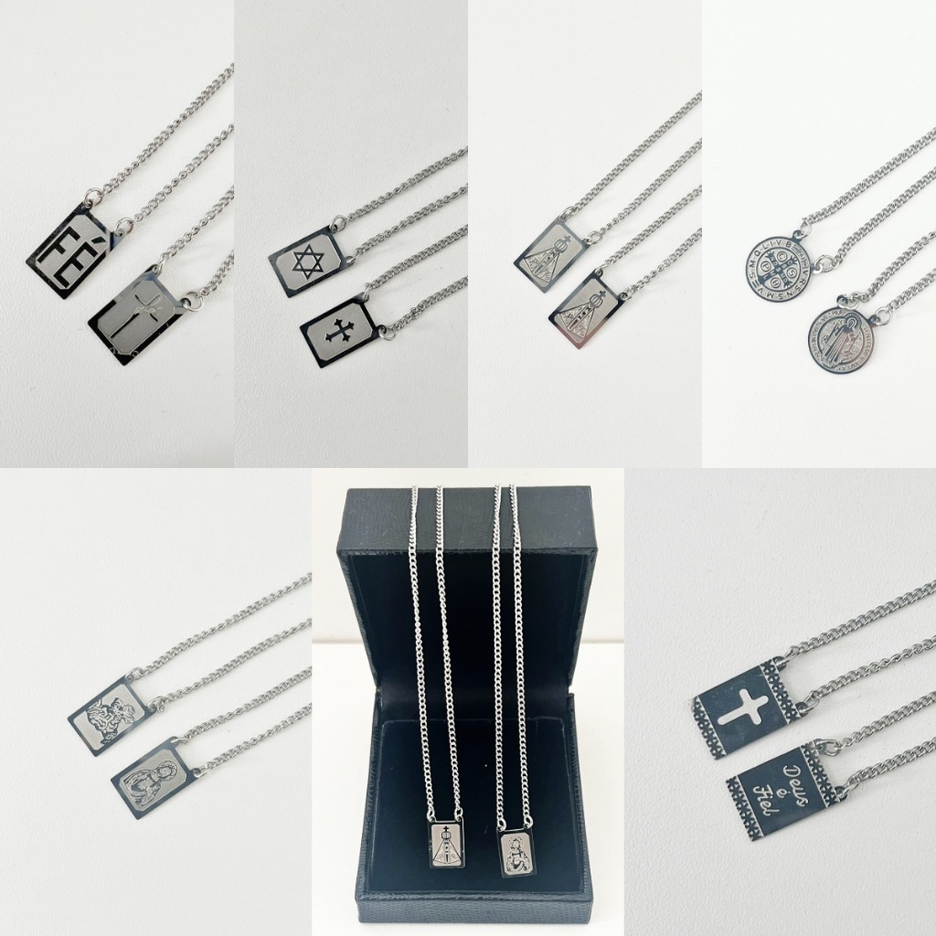 Escapulário Colar Prata/Dourado Banhado Aço Inox Cruz/Estrela de Davi/Nossa Senhora/São Jorge/Sao Bento/Jesus da Fé 316L