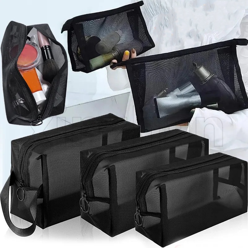 Novos Sacos De Cosméticos Transparentes De Malha/Bolsa Organizadora De Viagem Portátil/Lavagem Com Zíper Casual /