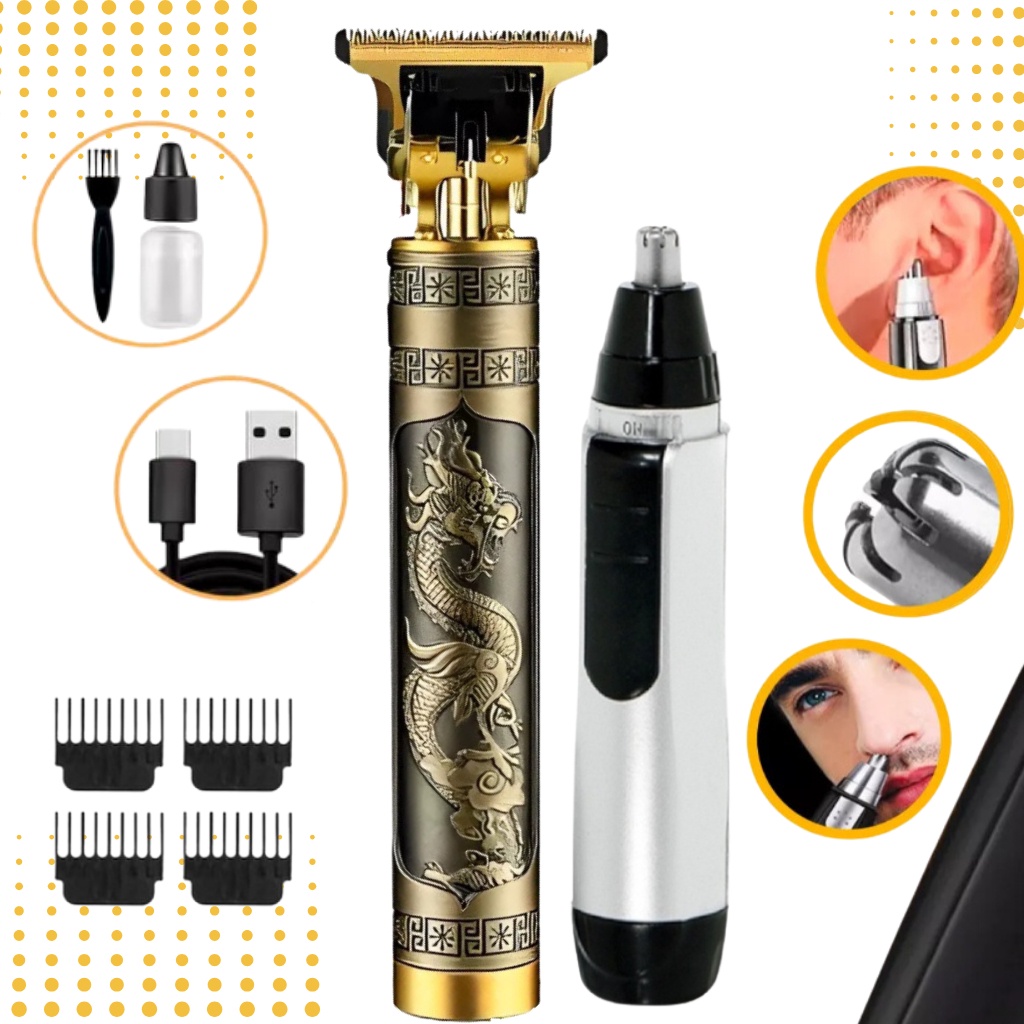 KIT C/Aparador Maquina cortar cabelo acabamento barbear barbeador eletrico pezinho vintage buda dragão t9