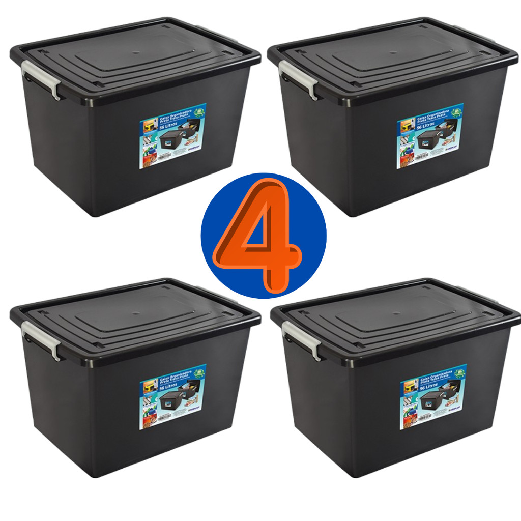 Kit 4 Caixas Organizadora Container Preta Com Tampa e Trava 56 Litros Cesto Organizador Preto