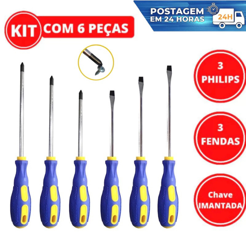 Kit Jogo De Chave de Fenda e Phillips simples em aço Ponta imantadas e cruzada Cabo emborrachado—