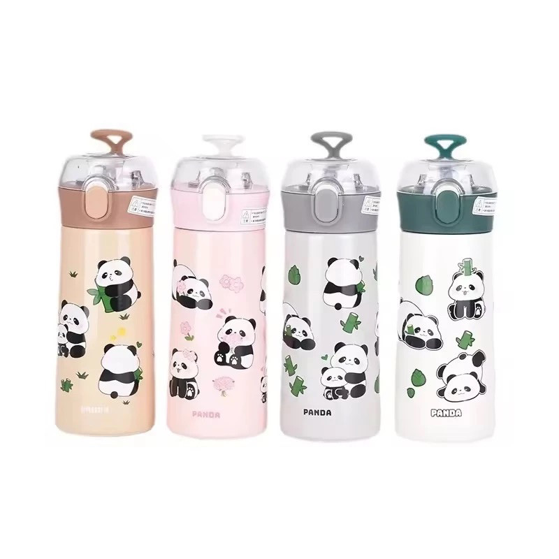 Garrafa Térmica Com Canudo Estampa Panda Aço Inox  500ml—1338