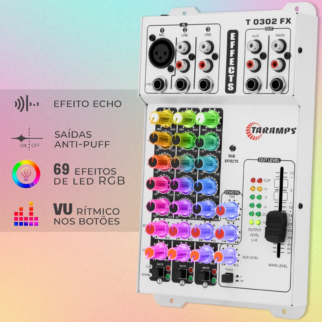 Mesa de Som Automotiva Multicolor LED RGB 69 Efeitos T0302 FX Taramps