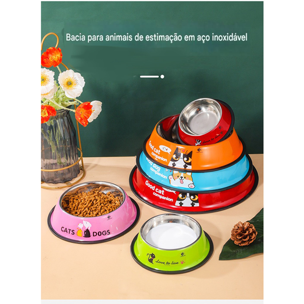 Tigela Comedouro Pet Inox Antiderrapante para Cães e Gatos Bebedouro Várias Cores e Tamanhos