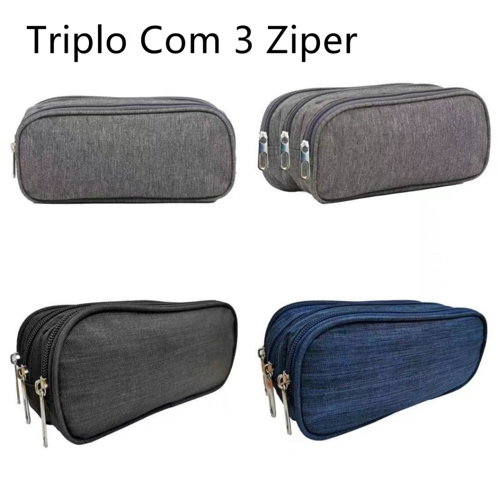 Estojo Escolar Masculino Feminino Grande 3 Ziperes Com Tres Compartimentos