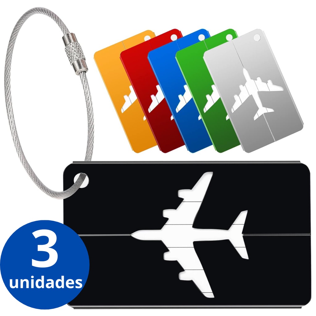 Kit 3 Tags Coloridas Para Mala Viagem Etiqueta Resistente Segura C/ Cabo De Aço