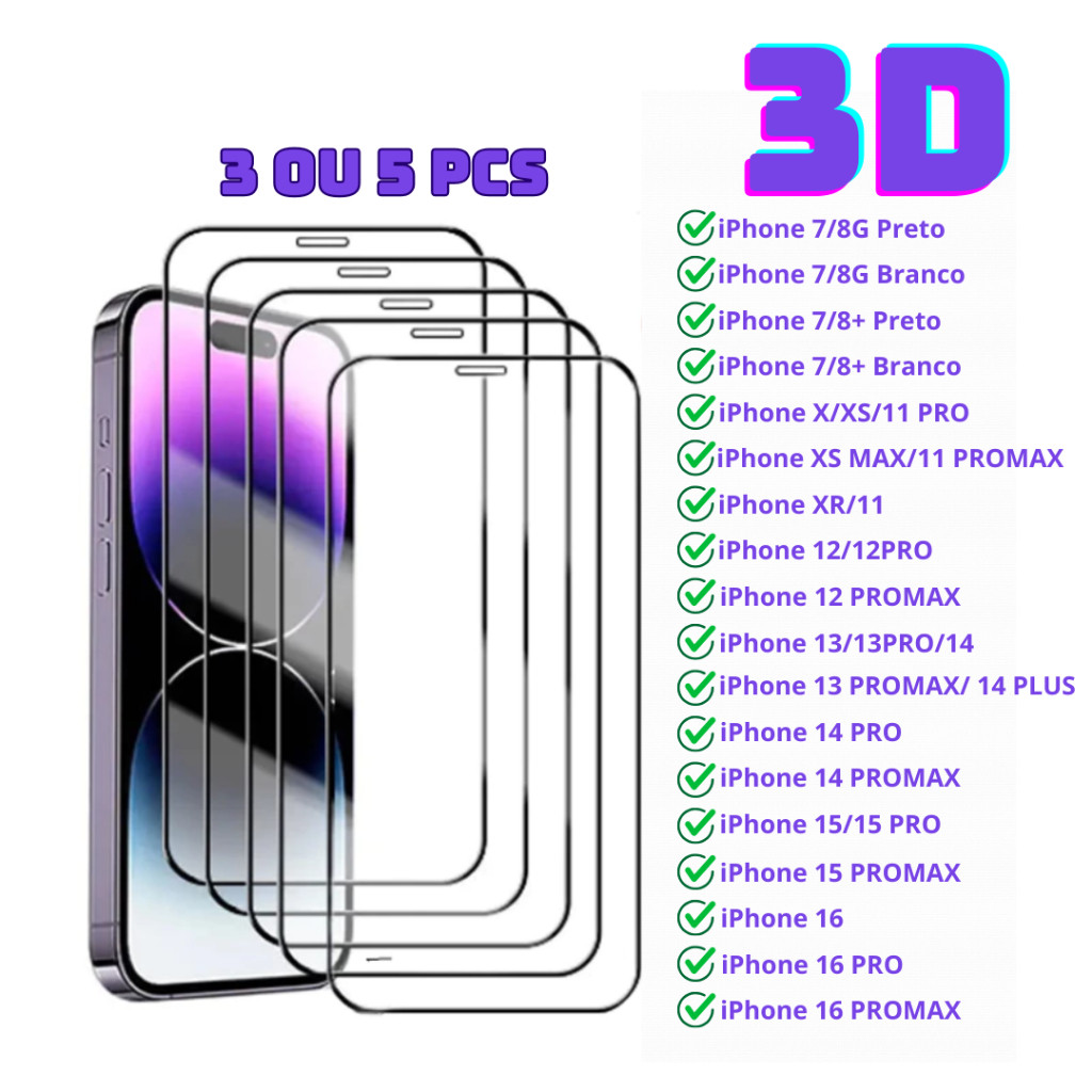 Película 3D Para iPhone 7/8/X/XS/XS MAX/XR/11/12/13/14/15/16/17 AIR/PRO/PRO MAX/PLUS