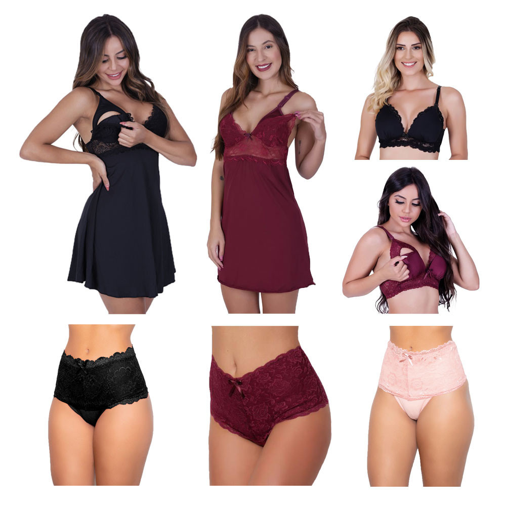 Kit Amamentação 2 Camisola + 2 Sutiã Amamentação Com Bojo ou Sem + 3 Calcinha Pós Parto