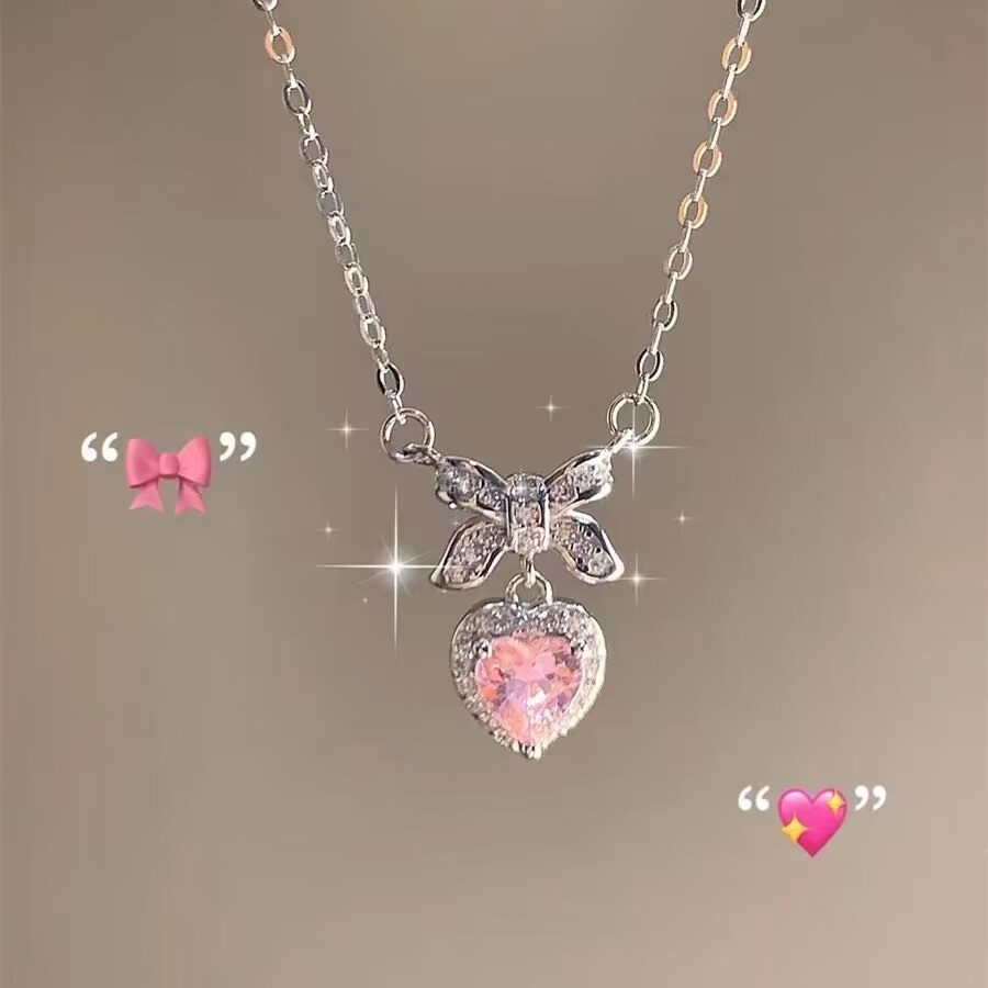 Colar De Laço Rosa Fofo Com Corrente Delicada De Zircônia De Coração Para Meninas Joias Escolares Da Moda