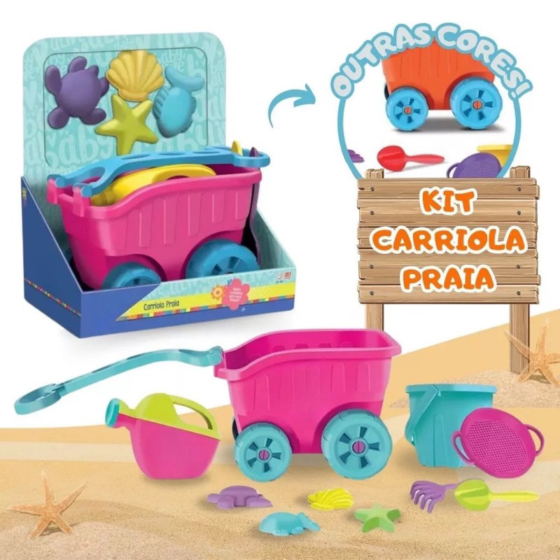 Brinquedo Carriola De Praia Pink Com Acessórios Infantil Castelinho De Areia Forminhas Baldinho Regador