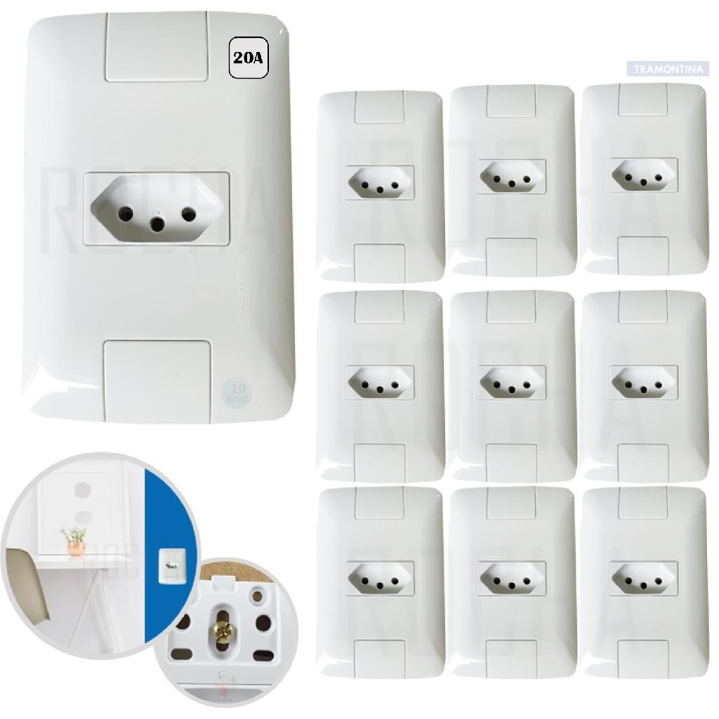 10 Conjunto Tomada 20A Tramontina Simples  250v 2P+T Aria Branca parafuso oculto