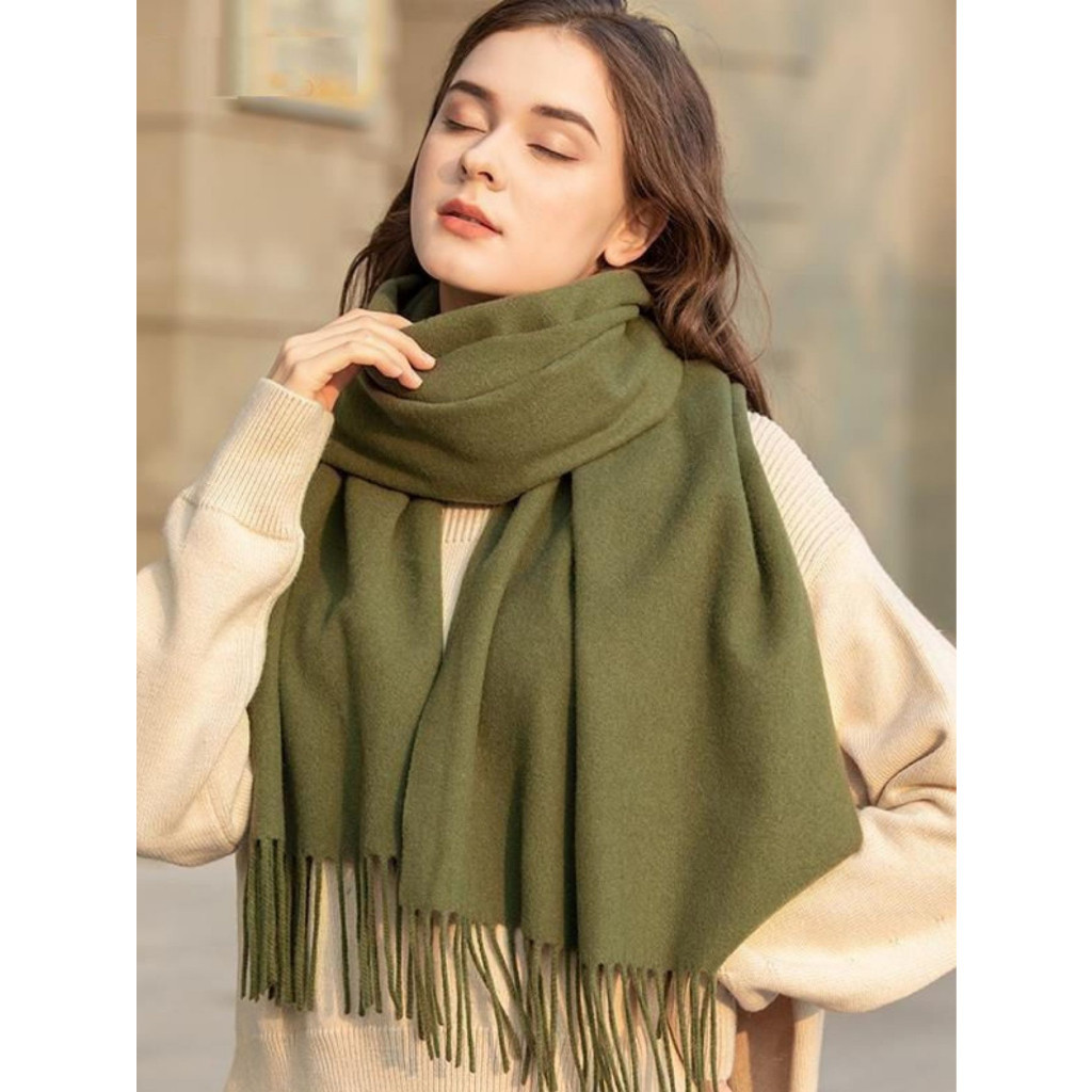 Cachecol Lenço de caxemira outono e inverno xale feminino de cor sólida de borla de uso duplo espessado Com Franja 230G