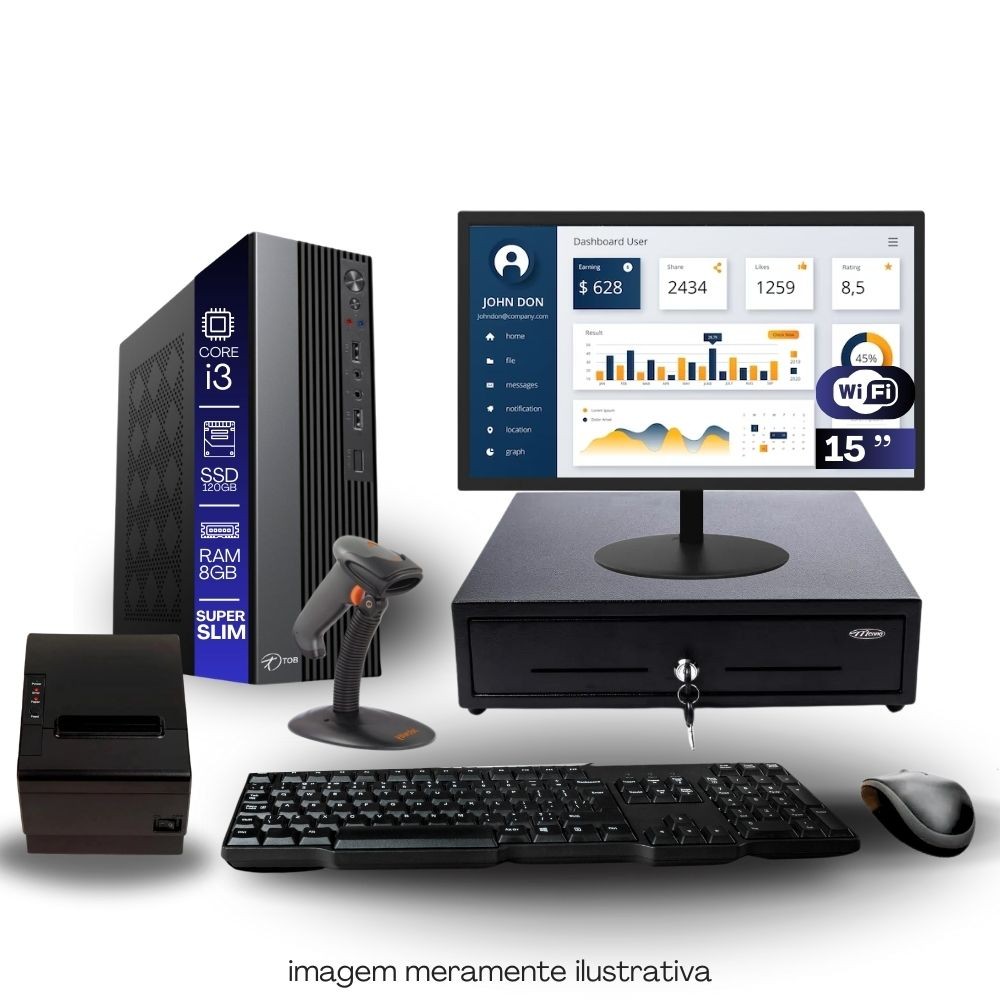 Kit PDV TOB i3 8GB SSD 120GB Win11 Rede S/Fio Teclado Mouse Monitor 15" Gvt. Dinheiro  Imp. Térmica Leitor Cód Barras