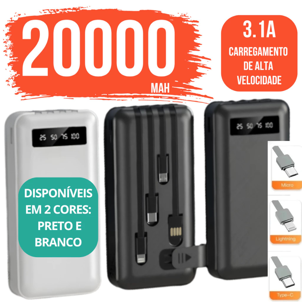 Carregador Power Bank 20000mah Portátil de celular Universal Saida 4 Cabos