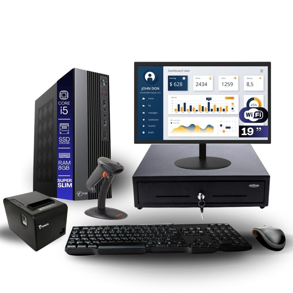 Kit PDV TOB i5 8GB SSD 240GB Win10 Rede S/Fio Teclado Mouse Monitor 19" Gvt. Dinheiro  Imp. Térmica Leitor Cód Barras