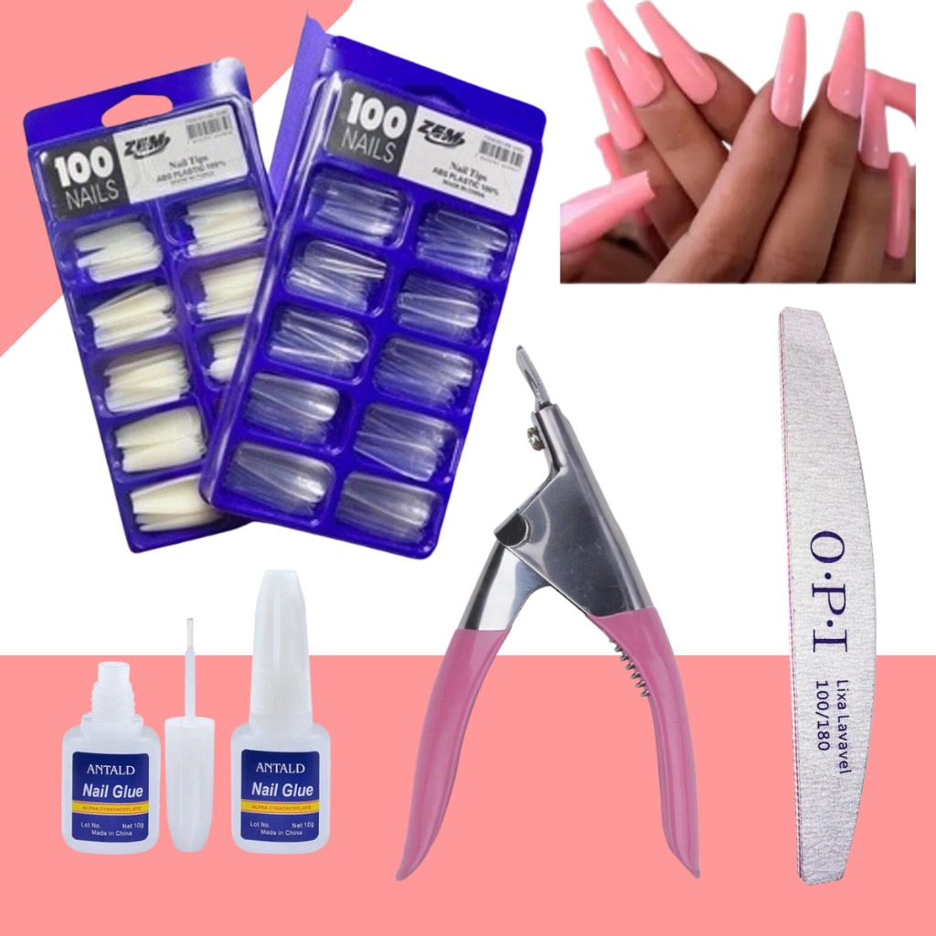 KIT UNHA POSTIÇA BAILARINA REALISTA - Leitosa ou Transparente + Cola com Pincel + Cortador de Tips + Lixa
