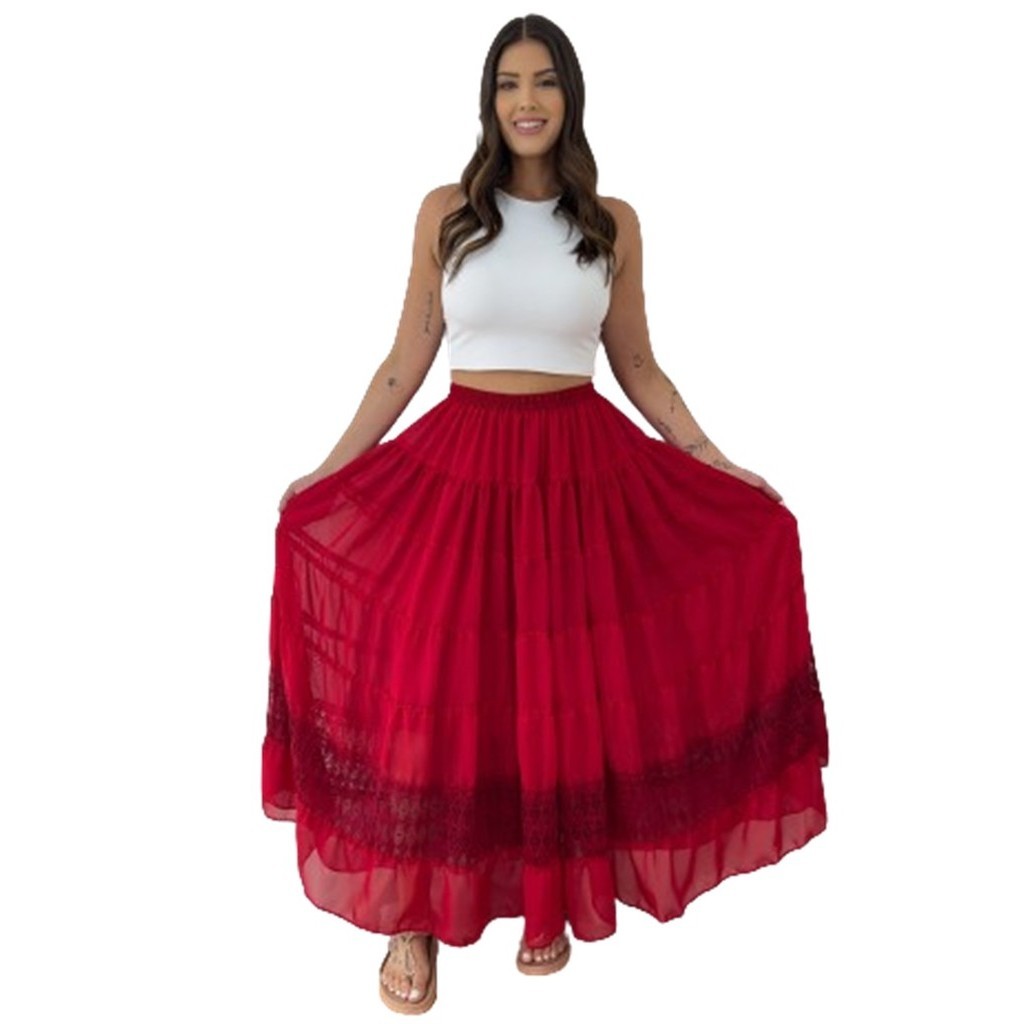 Saia Estilo Cigana Com Detalhes Para Dança Vermelho Umbanda Candomblé Pomba Gira