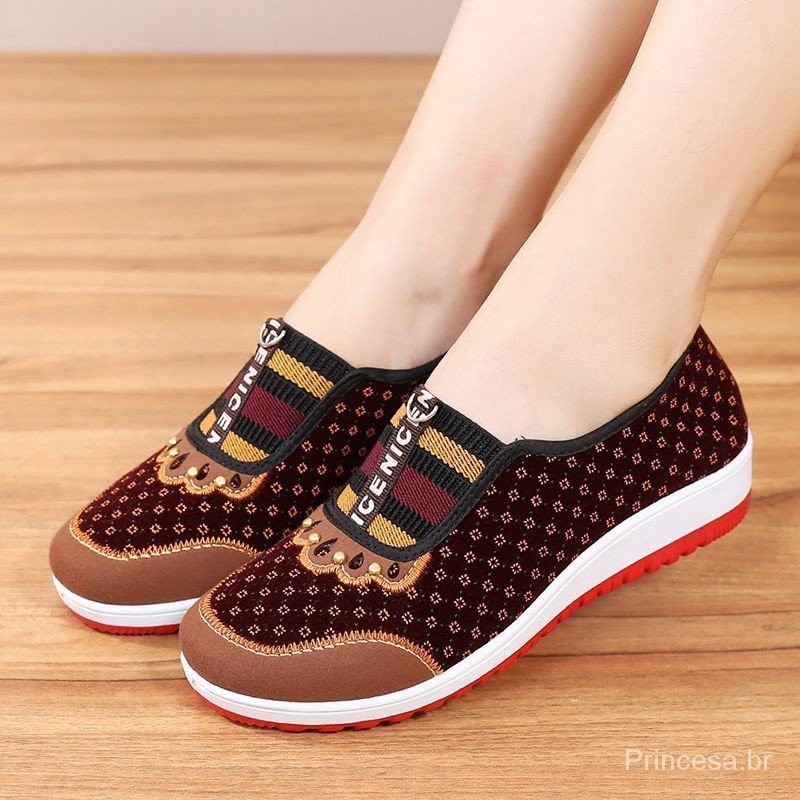 Sapato De Pano Feminino Flexível Antiderrapante Sola De Meia Idade Casual Para Idosos