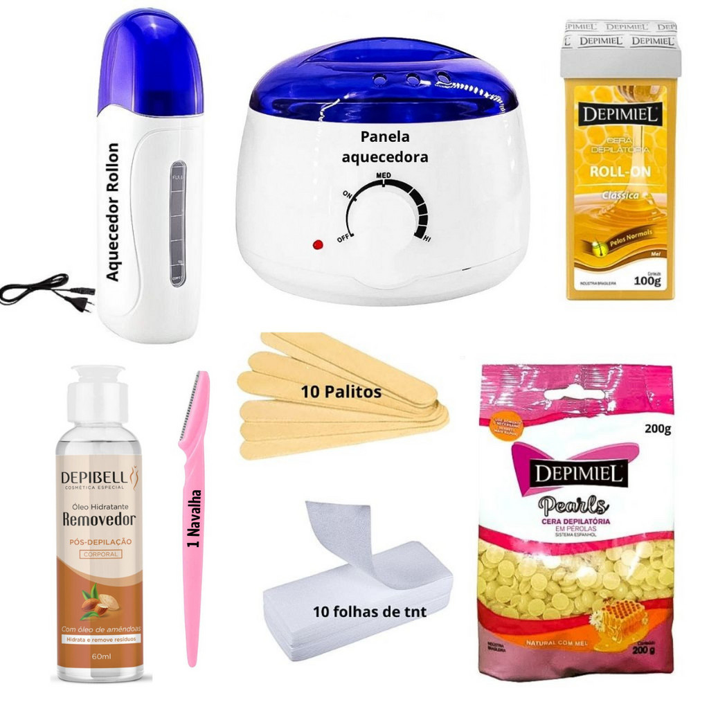 Kit Depilaçao Panela Cera MEL Quente Depimiel  Palitos Folhas De Tnt Aquecedor
