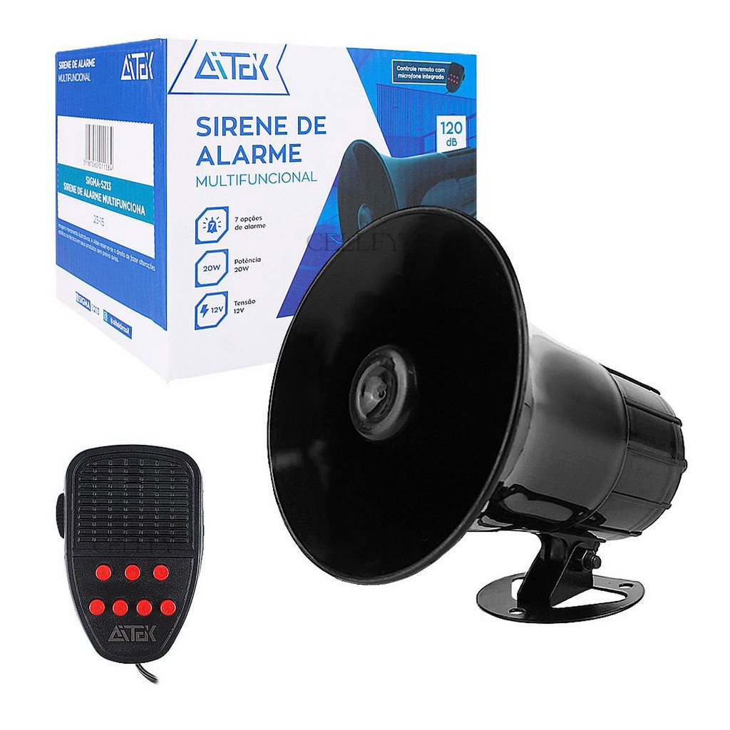 Sirene de Alarme Alto Falante Multifuncional 7 tons Microfone Escola Empresas 120dB 12V