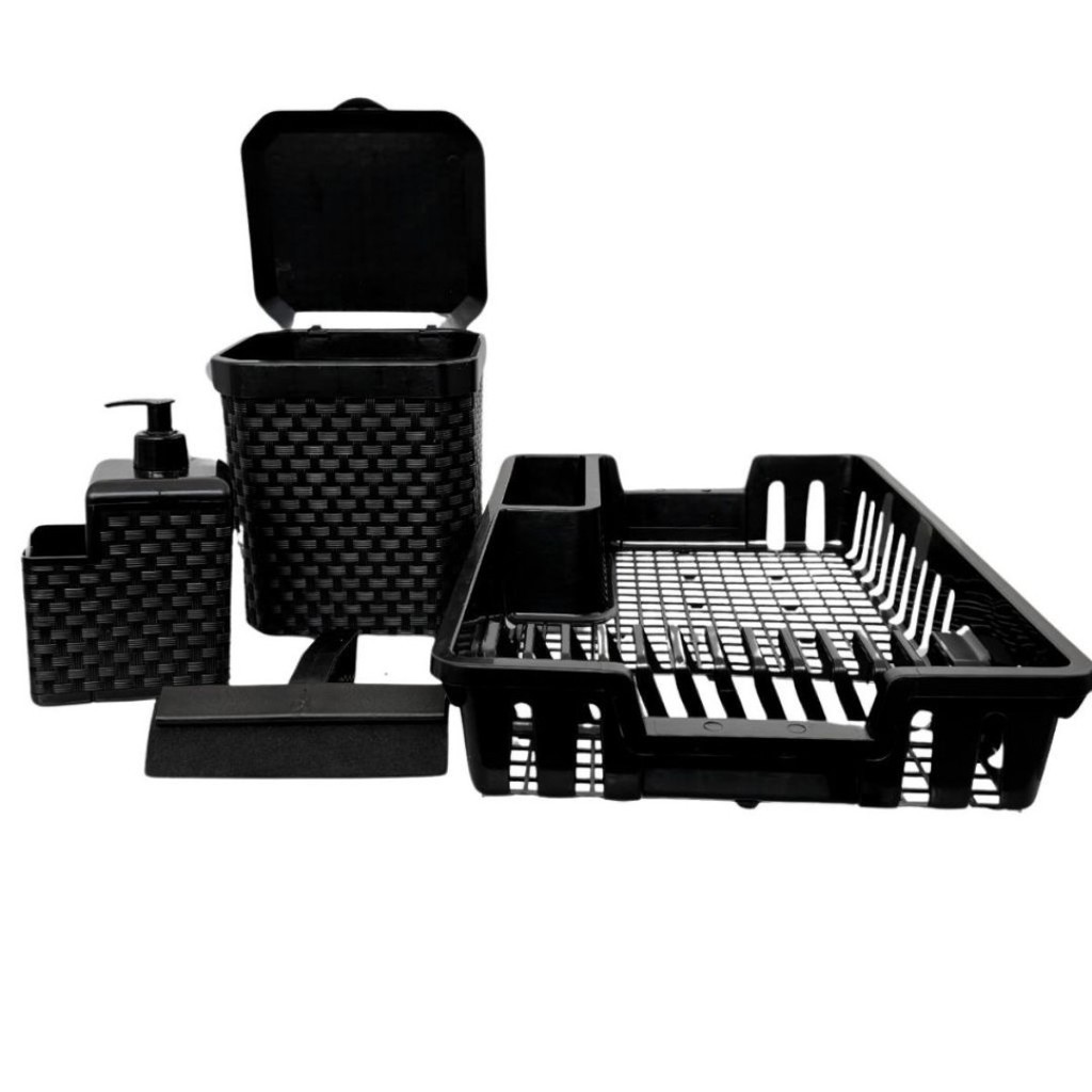 Kit Cozinha Completa: Escorredor de Louça + Lixeira 5L + Porta Detergente + Rodinho de Pia