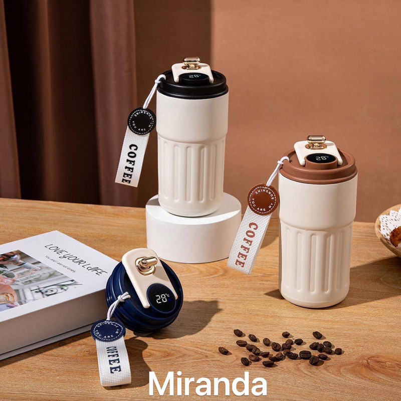 Copo Térmico Cafe Inox Portátil com tampa,450ml, Com LED Temperatura Antivazamento—