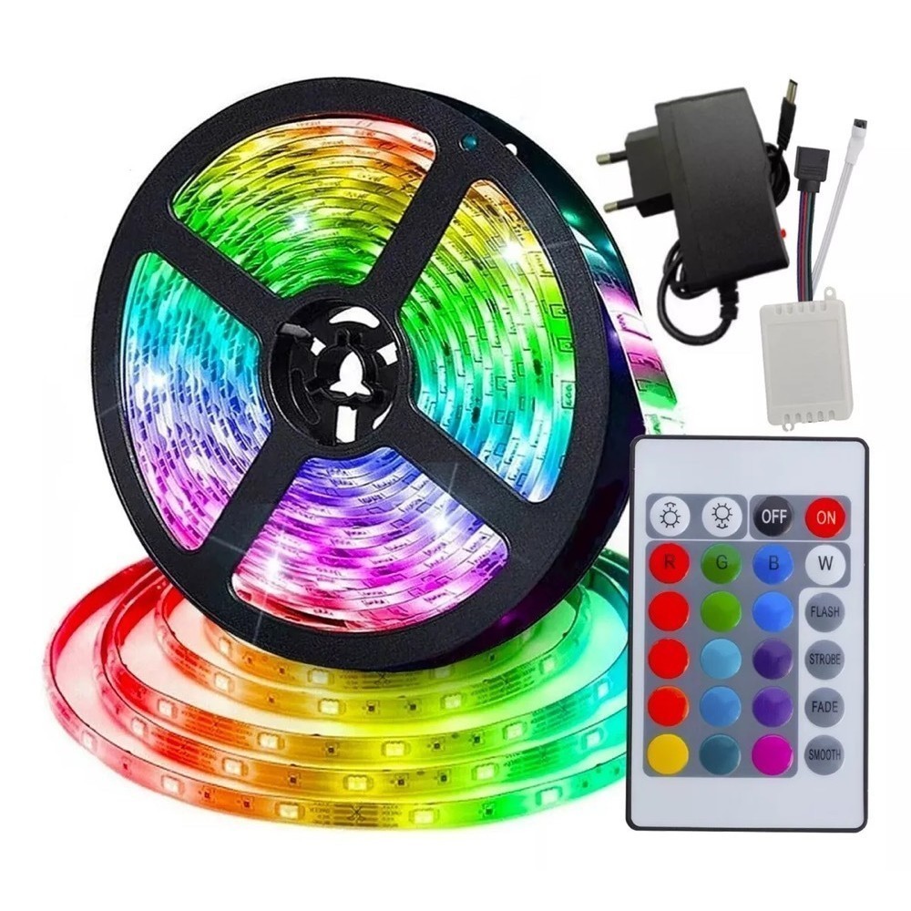 KIT 1/2 Fita Led Rgb 3528 Colorida 5m + Controle+Fonte 300 Led Decoração Casa Loja Gesso Teto Sanca Vitrine