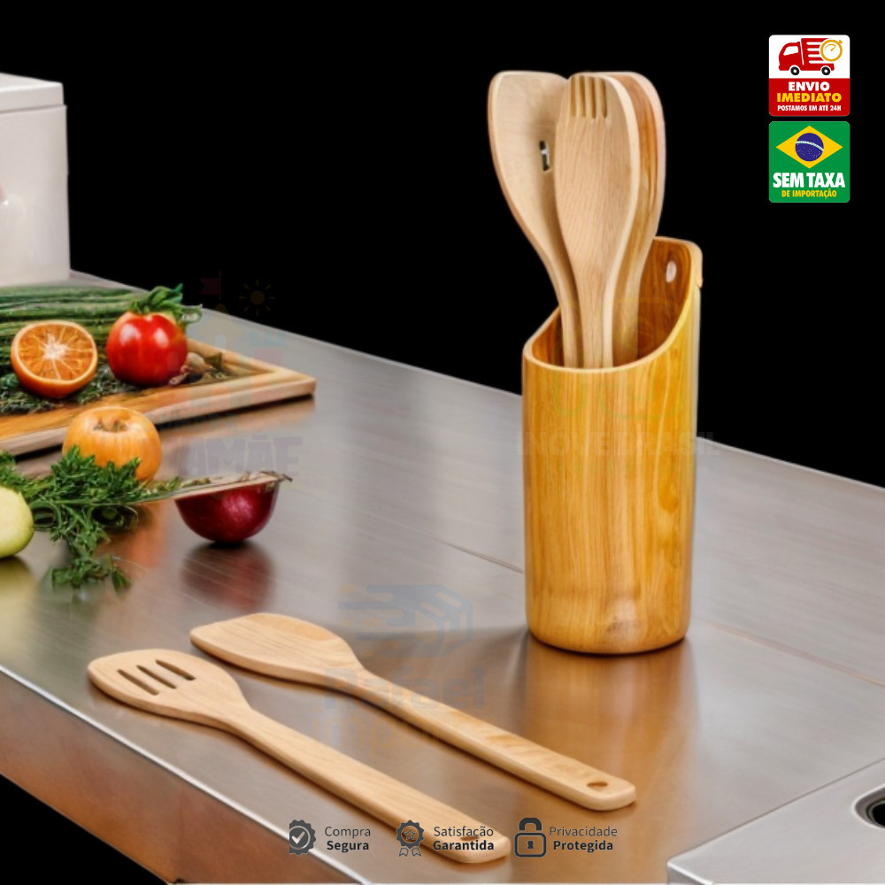 Kit Colher De Pau Utensílios Em Bambu 4 talheres + suporte Peças Anti Fungos Casa Cozinha Colheres