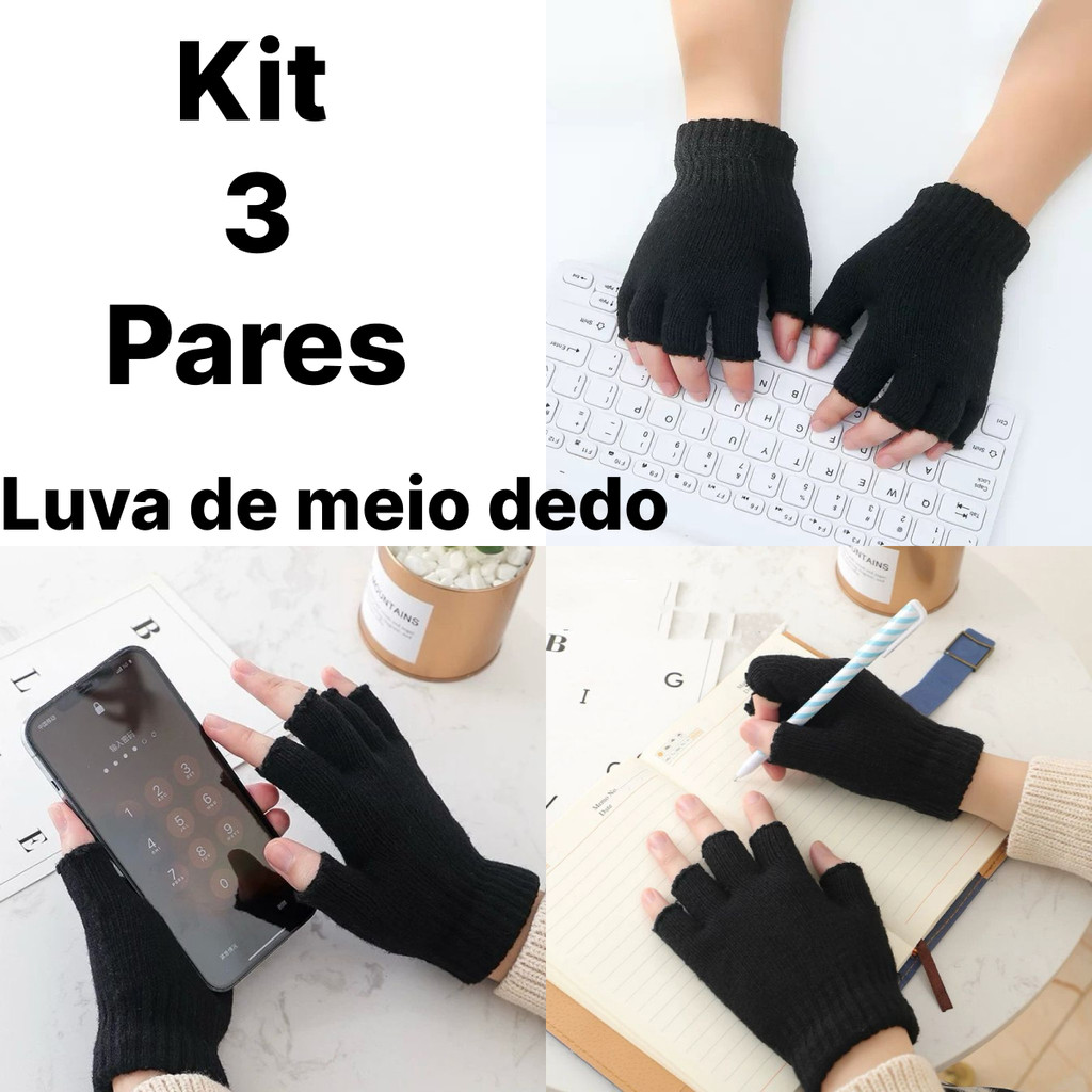 Kit 1- 3 pares luvas de meio dedo de lã antiderrapante Unissex Masculino e feminino para inverno frio