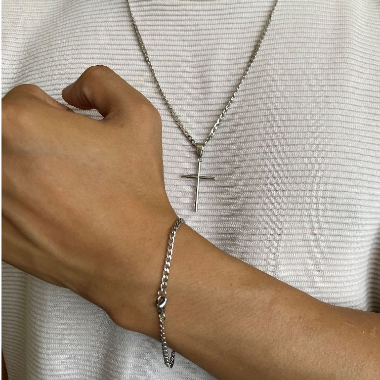Colar 60CM 70CM + Pulseira Masculina Banhada a Aço Inoxidável Pingente Cruz Palito