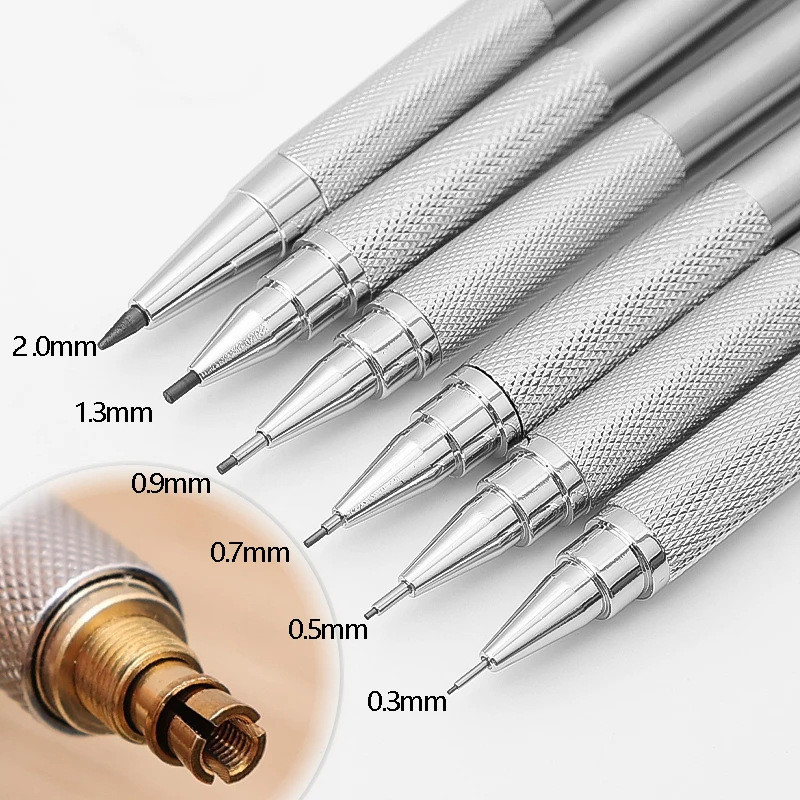 1PCS Lápis Metálico Automático 0,5/0,7/0,9/1,3/2,0/3,0mm De Desenho Mecânico Resina HB Papelaria Móvel Com Chumbo