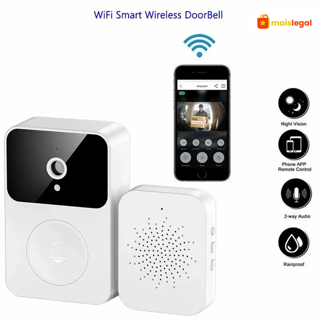 Campainha Wi-Fi Recarregável com Monitoramento HD 24h e Acessórios Completos (Cabo de Dados Incluso) para Sua Segurança
