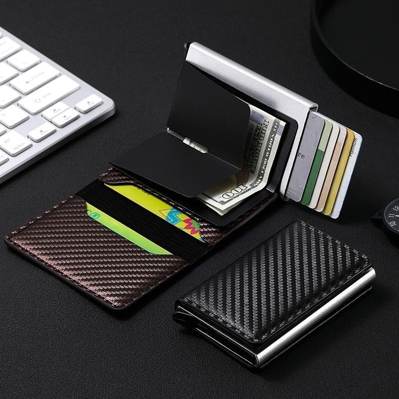 Carteiras Fibra De Carbono Porta-Cartões Masculina Preta Mágica Tripla De CouroJIG